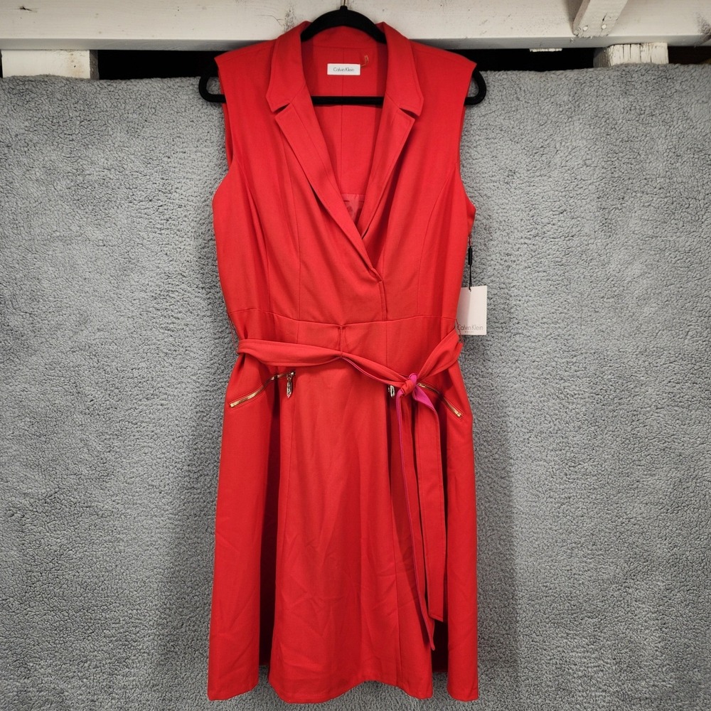 Calvin Klein Sleeveless‎ Dress Poppy Red Midi Sheath Belted Zip Pockets Size 12